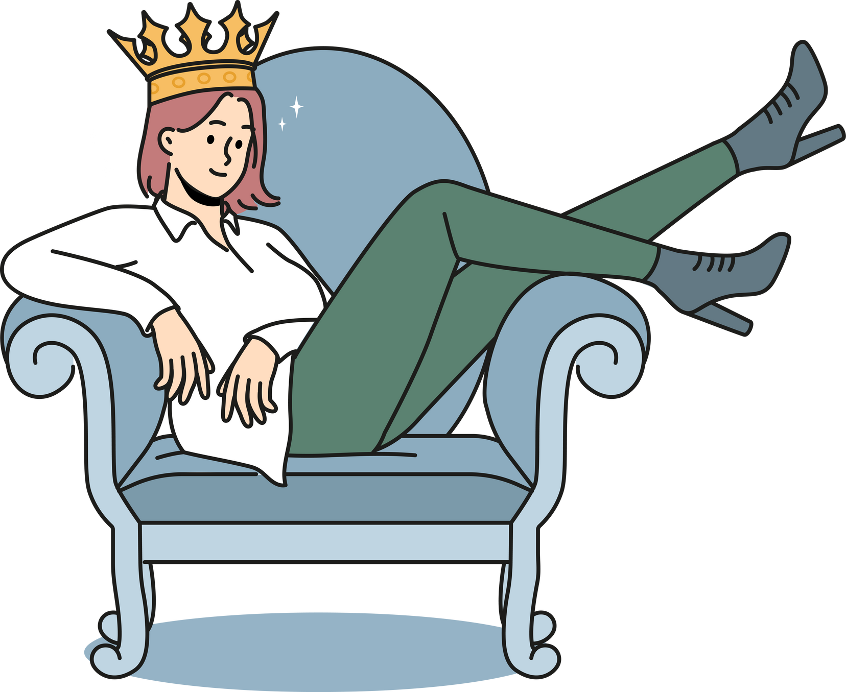 Confident woman in crown sitting on chair