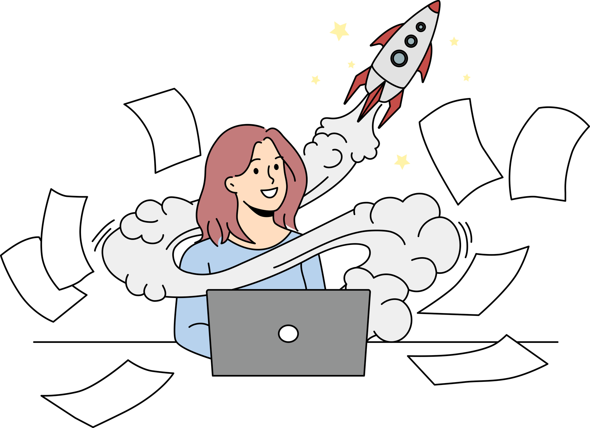 Motivated woman on computer on startup