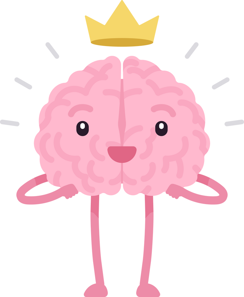 Brain character, cute funny face, crown of success, power